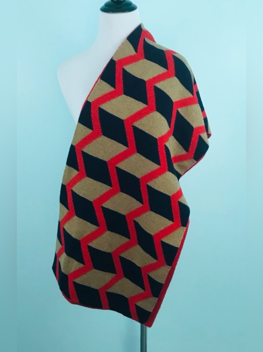 J. Crew Chevron and Stripe Red, Tan & Navy Geometric Knit Scarf - Picture 4 of 9